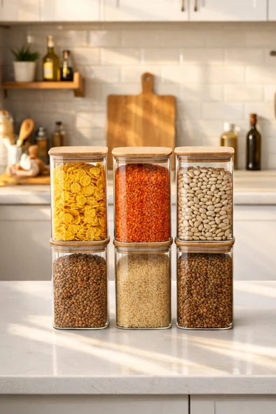 Porsima 6-3 Bambu Vakumlu Kapaklı Kare Borsilikat Cam 6lı Kavanoz Seti Saklama Kabı 1250ml 9,5x15cm ürün görseli 1