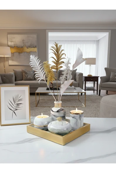 Luniva Home Dekoratif Mermer Desenli Tepsili Ev,Ofis ve Hediyelik Aksesuar Modern Obje Seti(Çiçekler dahildir) ürün görseli 1