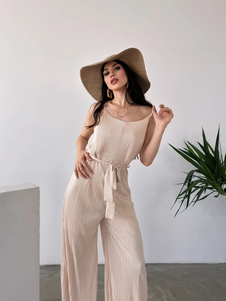 İp Askılı Kuşaklı Krinkle Tulum - Resim 5