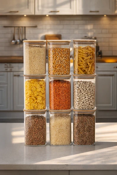 Porsima 6-3 Bambu Vakumlu Kapaklı Kare Borsilikat Cam 9lu Kavanoz Seti Saklama Kabı 1250ml 9,5x15cm ürün görseli 1