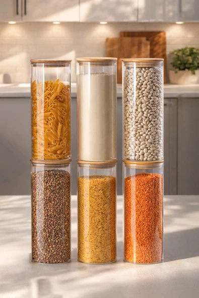 Porsima 4-3 Bambu Vakumlu Kapaklı Yuvarlak Borosilikat Cam 6lı Kavanoz Seti Saklama Kabı 2100ml 10x30cm ürün görseli 1