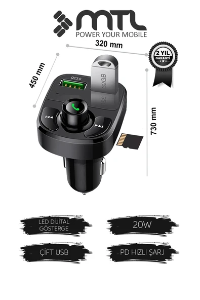 20W Çift USB Çıkışlı QC 3.0 Destekli Bluetooth FM Modülatör ve Araç Şarj Cihazı ürün görseli 1