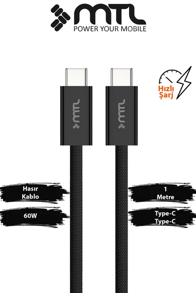 40W PD Type-C to Type-C Silikon Hızlı Şarj ve Data Kablosu 1 Metre Siyah MT2609 ürün görseli 1