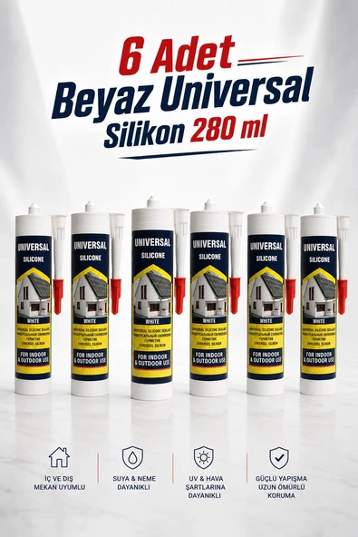 (6 Adet) Universal Silikon  Genel Amaçlı 280 ml İç Dış Mekan Su Geçirmez Sızdırmazlık Beyaz ürün görseli 1
