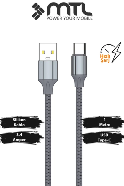 3.4A USB to Type-C Silikon Hızlı Şarj ve Data Kablosu Hasır 1 Metre Gri MT2431 ürün görseli 1