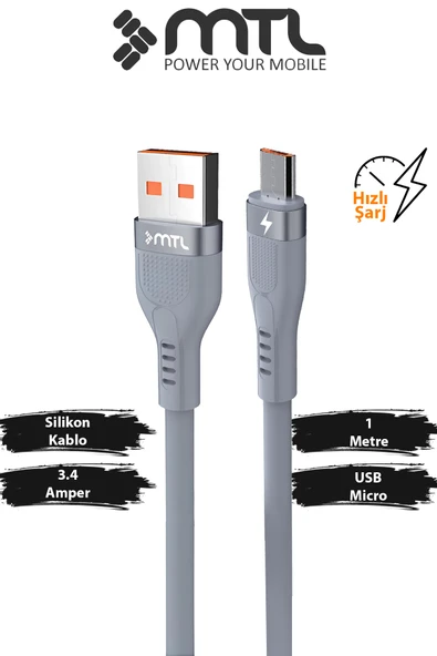 3.4A USB to Micro Metal Başlıklı Extra Yumuşak Hızlı Şarj ve Data Aktarım Kablosu 1 Metre MT2351 ürün görseli 1