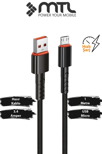 3.4A USB to Micro USB Hasır Örgülü Hızlı Şarj ve Data Kablosu 1 Metre Siyah MT2014 ürün görseli 1