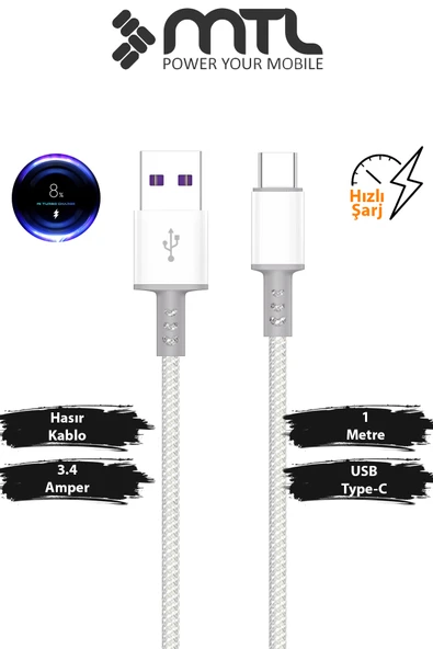 3.4A USB to Type-C Hasır Hızlı Şarj ve Data Aktarım Kablosu 1 Metre MT2453 ürün görseli 1