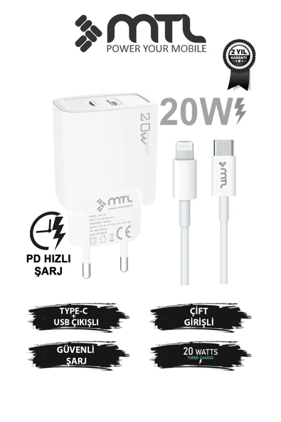 20W Ultra Hızlı Çift Çıkış Type-C + USB Adaptör + Type-C to iPhone Lightning Kablo Şarj Seti MT1750 ürün görseli 1