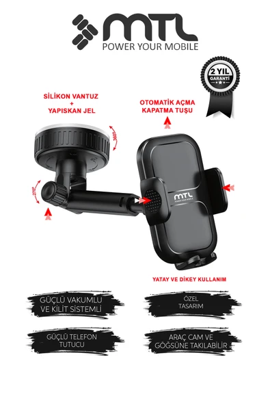Vakumlu Araç İçi Telefon Tutucu Uzatılabilir ve Ayarlanabilir Kol Otomatik Kilit Sistemi MT6088 ürün görseli 1