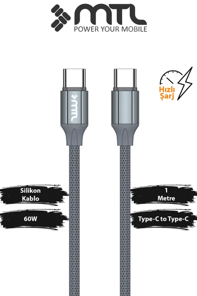 60W PD Type-C to Type-C Silikon Hızlı Şarj ve Data Kablosu 1 Metre Gri MT2114 ürün görseli 1