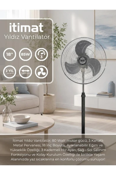 Yıldız, 80 Watt, 18'', Sanayi Tipi, 3 Çelik Kanatlı, Sağ - Sol Otomatik Salınımlı Ayaklı Vantilatör ürün görseli 1