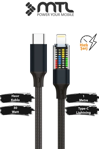 30W PD Type-C to iPhone Lightning Güç Durum Göstergeli LCD Ekranlı Şarj Kablosu 1 Metre Siyah MT2154 ürün görseli 1