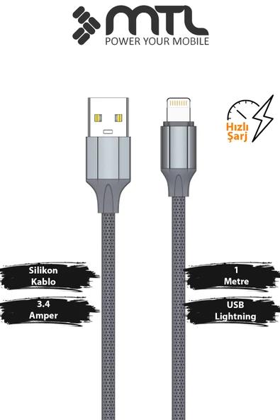 3.4A USB to iPhone Lightning Silikon Hızlı Şarj ve Data Aktarım Kablosu 1 Metre Gri MT2432 ürün görseli 1
