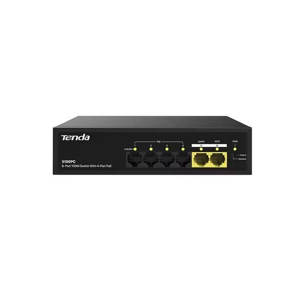 TENDA 6port-4port PoE 30w 10/100 Yönetilemez Switch S106PC ürün görseli 1