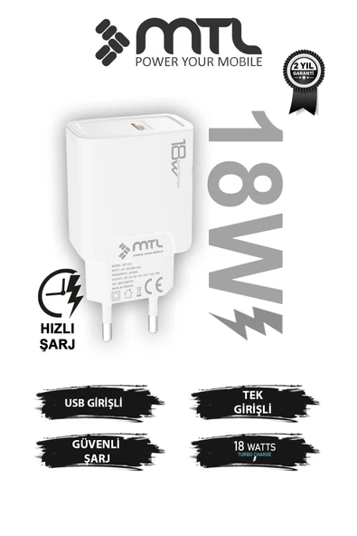 18W QC 3.0 Destekli USB Çıkışlı Hızlı Şarj Adaptörü MT1315 ürün görseli 1