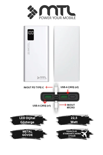 10000 mAh 22.5W Turbo Şarj Dahili Kablolu LED Göstergeli PD ve QC 3.0 Powerbank MT4510 ürün görseli 1