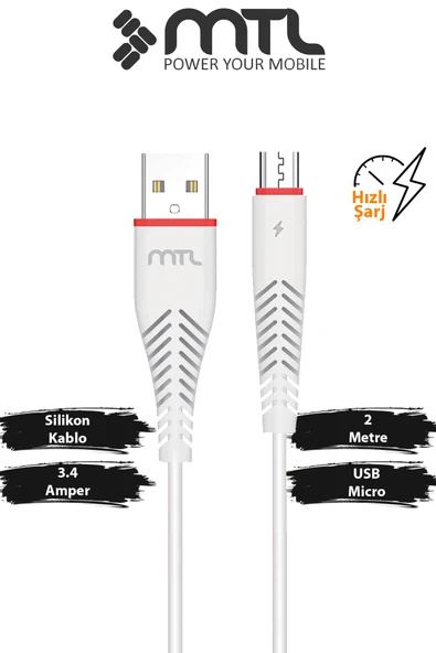 3.4A USB to Micro USB Hızlı Şarj ve Veri Aktarım Kablosu 2 Metre MT2023 ürün görseli 1