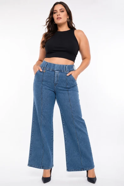 Büyük Beden Denim Yüksek Bel Bol Paça Kadın Pantolon ürün görseli 1