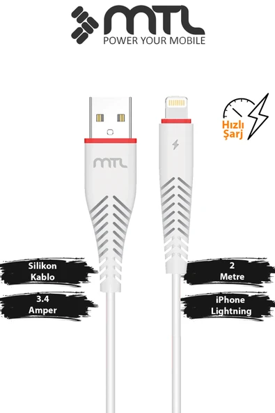 3.4A USB To iPhone Lightning Hızlı Şarj ve Data Kablosu 2 Metre MT2021 ürün görseli 1