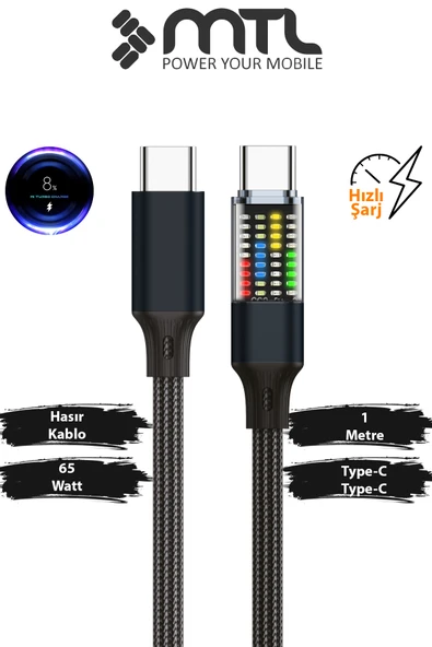 60W PD Type-C to Type-C Güç Durum Göstergeli LCD Ekranlı Şarj Kablosu 1 Metre Siyah MT2153 ürün görseli 1