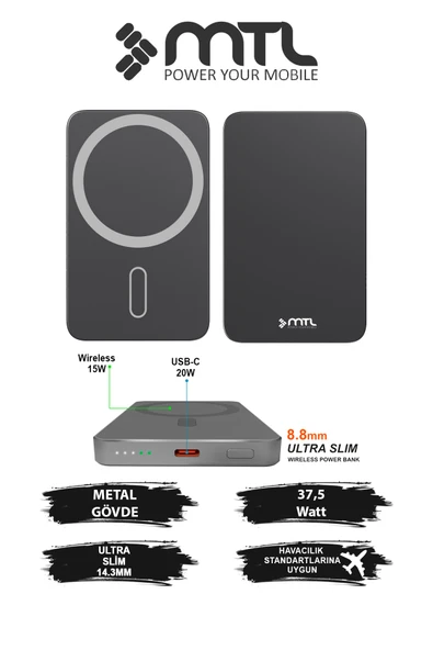 5000 mAh 15W + 20W Metal Ultra İnce Led Göstergeli 35W Turbo Şarj Magsafe Powerbank MT4620 ürün görseli 1