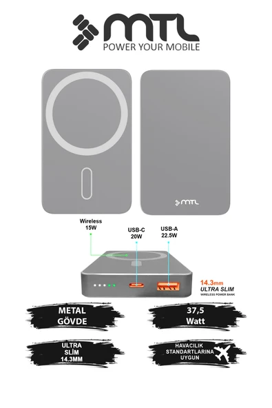 10000 mAh 15W+22.5W Turbo Şarj Dahili Kablolu 37.5W LED Göstergeli PD ve QC 3.0 Powerbank MT4610 ürün görseli 1