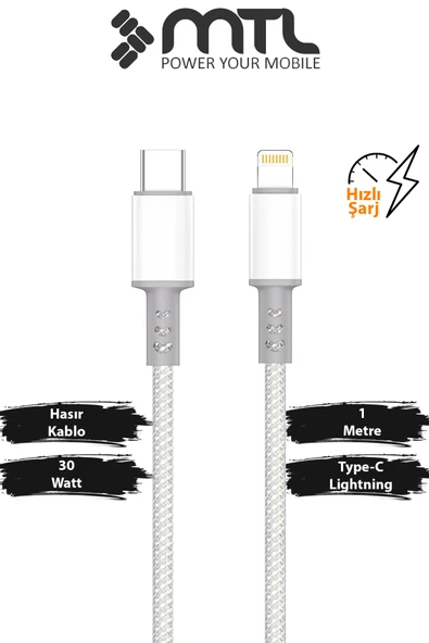 30W PD Type-C to iPhone Lightning Hasır Hızlı Şarj ve Data Kablosu 1 Metre Gri MT2452 ürün görseli 1