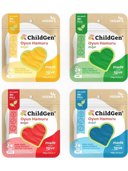ChildGen Doğal Oyun Hamuru 4lü Set 4x125 Gr Vakumlu Kartuş Paket Karışık Renkler ürün görseli 1