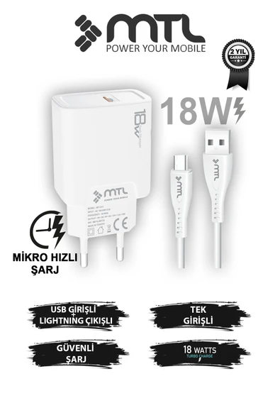 18W QC 3.0 Destekli Hızlı Şarj USB Adaptör + Micro Usb Kablo Şarj Cihazı Seti MT1311 ürün görseli 1