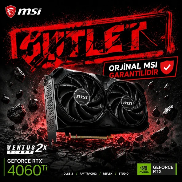 MSI GEFORCE RTX 4060 TI 8G VENTUS 2X BLACK E1 OC RTX4060TI 8GB GDDR6 128B DX12 PCIE 4.0 X16 Ekran Kartı ürün görseli 1