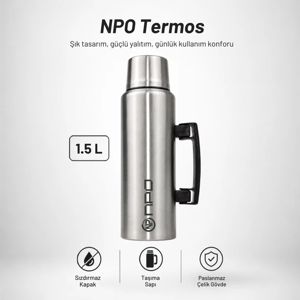 NPO NT01 1.5L Çift Katmanlı Vakum Teknolojili 24H Sıcak 48H Soğuk 72H Buzlu Koruma Çelik Termos ürün görseli 1