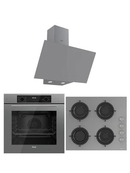FERRE Flowart Serisi 3'lü Gri Cam Ankastre Set (QBL63CPR-CS208-D079) ürün görseli 1