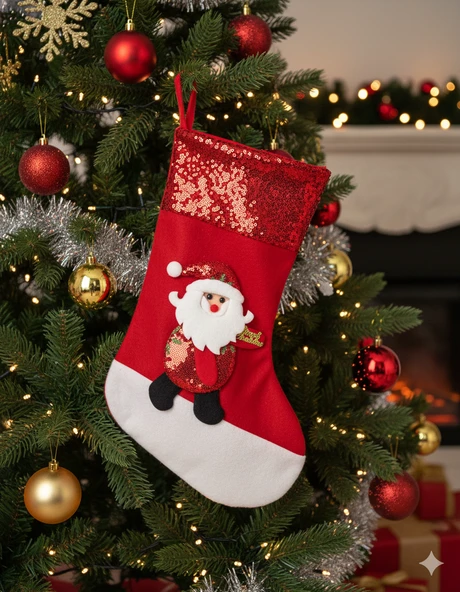 38 cm Pullu Noel Baba Desenli Lüks Yılbaşı Çorabı – Büyük Boy Ağaç ve Ev Dekor Süsü ürün görseli 1
