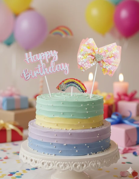 Happy Birthday – Pasta Üstü Tüllü Gökkuşağı 3'lü Pembe Tekrar Kullanılabilir Süs ürün görseli 1