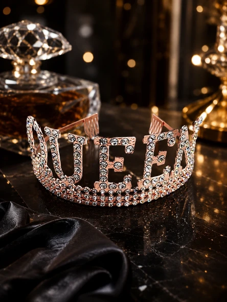 Queen Rose Gold Taşlı Lüks Taç Parti Kostüm Doğum Günü Aksesuarı Dekoru ürün görseli 1