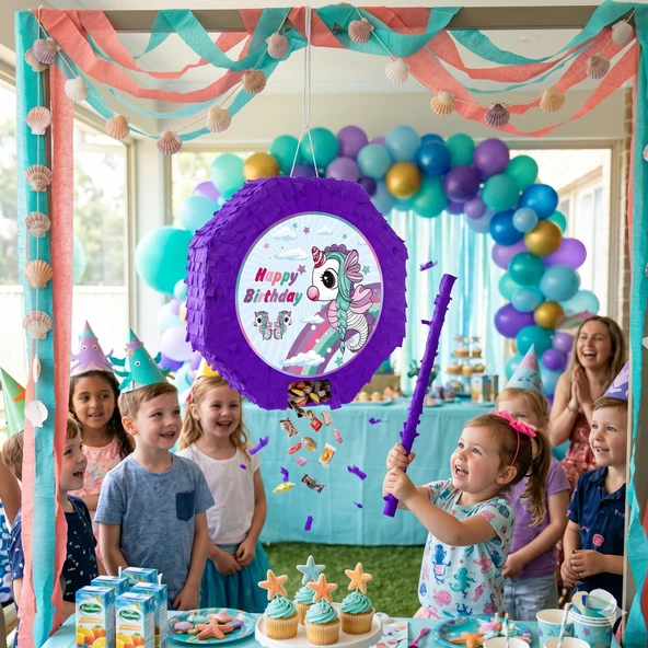Unicorn Deniz Atı Pinyata 42 cm Sopalı Doğum Günü Parti Oyunu Şeker Dolgulu ürün görseli 1