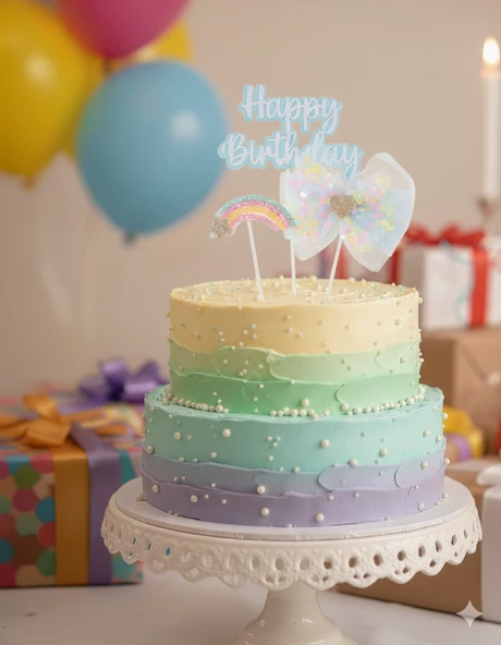 Happy Birthday – Pasta Üstü Tüllü Gökkuşağı 3'lü Mavi Tekrar Kullanılabilir Süs ürün görseli 1