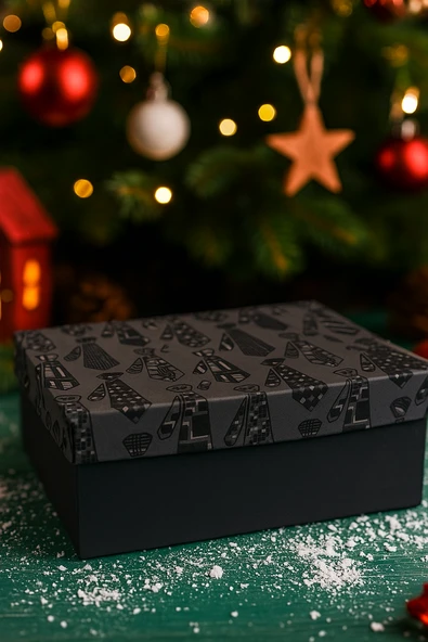 24×33×11 cm Kadife Dokulu Kravat Görselli Siyah Zemin Lüks Erkeğe Özel Hediye Kutusu ürün görseli 1