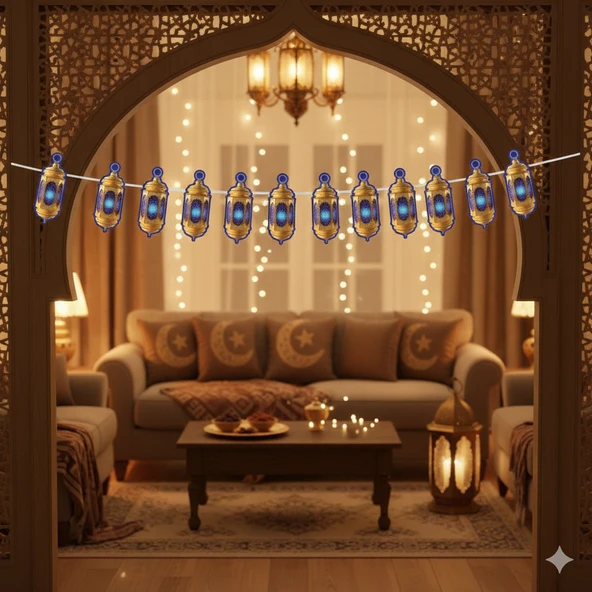 140 x 17 cm Ramazan Dekoratif Mavi Kandil Süs - Ramazan Duvar ve Asma Dekoru ürün görseli 1