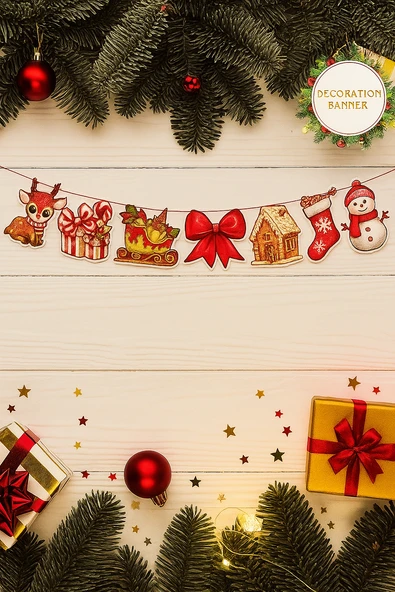 120×21 cm Yılbaşı Dekoratif Fiyonklu Banner – 7'li Mekân ve Parti Süsleme ürün görseli 1