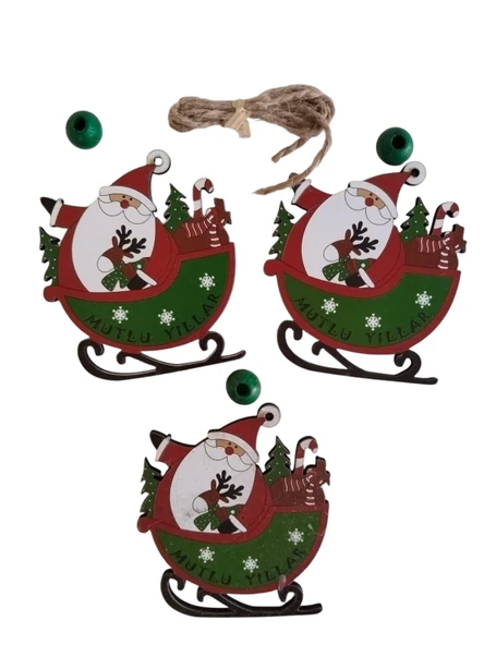 Yılbaşı Noel Babalı Kızaklı Ağaç Süsü Ahşap Mdf 3lü ürün görseli 1