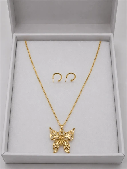 Büyük Kelebek Detaylı Gold Renk 2'li Zincir Kolye Küpe Seti ürün görseli 1