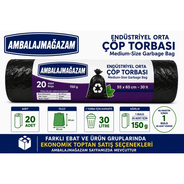 Joypack 55 x 60 cm 20 Adet Endüstriyel Orta Boy Çöp Torbası 30 Litre Çöp Poşeti ürün görseli 1