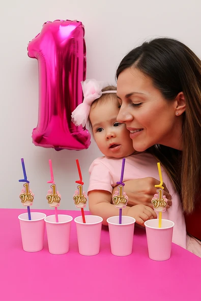Pipet 1 YAŞ YALDIZLI pipet 10 lu Pembe 1 Yaş Kız Doğum Günü Partisi ürün görseli 1