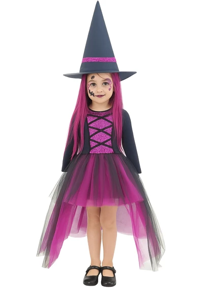Cadılar Bayramı Halloween Fuşya-Siyah 4-5 Yaş Şapkalı Cadı Kız Çocuk Kostümü ürün görseli 1