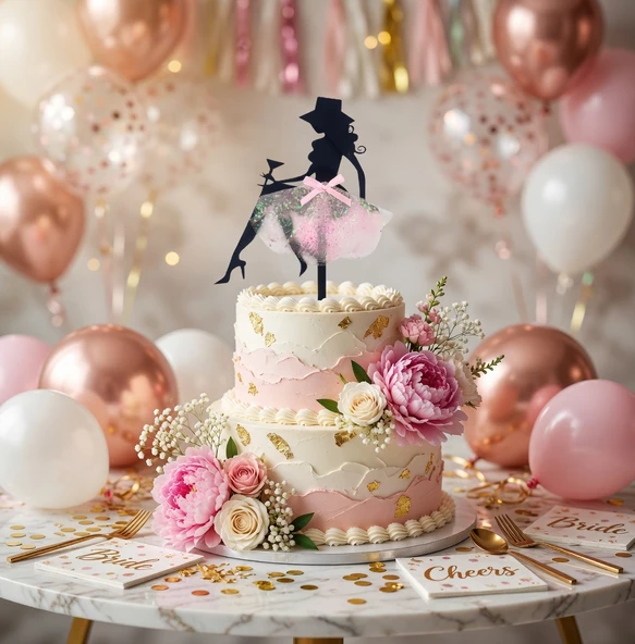 Bride Pembe Tül Etekli Çubuklu Pasta Süsü Bekarlığa Veda Cake Topper Dekoru ürün görseli 1