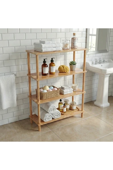 terra ws 4 Raflı Kayın Ağacı Ahşap Kitaplık & Raf Ünitesi – Mutfak ve Banyo İçin Çok Amaçlı Dolap ürün görseli 1