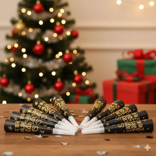 Yılbaşı Vuvuzela 6lı Paket Happy New Year Yazılı Altın veya Gümüş Simli ürün görseli 1