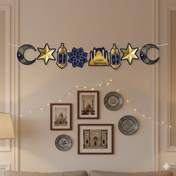 90x30 cm Ramazan Ayyıldız Figürlü Mavi Süs Sarkıt Tavan Dekoru ürün görseli 1
